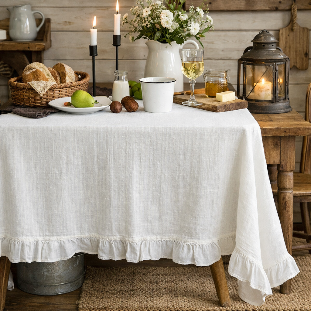 Nappe française en coton blanc à volants