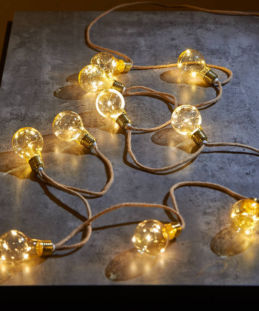 guirlande lumineuse à ampoules sur corde en chanvre, lumière blanc chaud