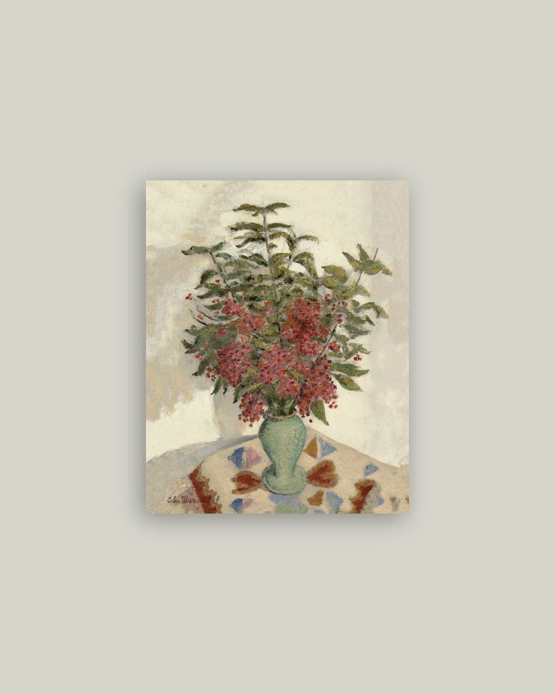 peinture d'hortensias rouges dans un vase vert, esprit impressioniste