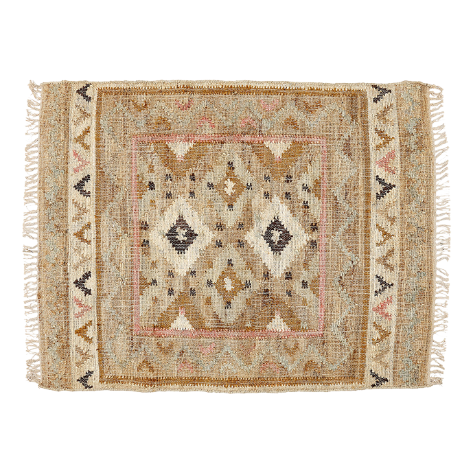 joli tapis kilim en jute modele Provence, couleurs douces et esprit bohème et campagne.