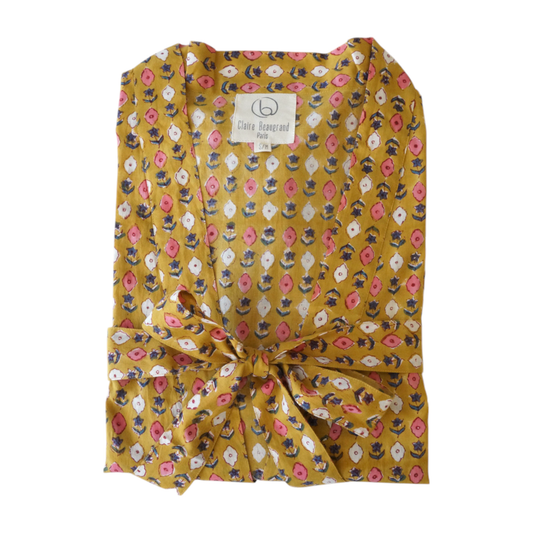 Kimono en coton imprimé à la main en block print avec ceinture et manches longues