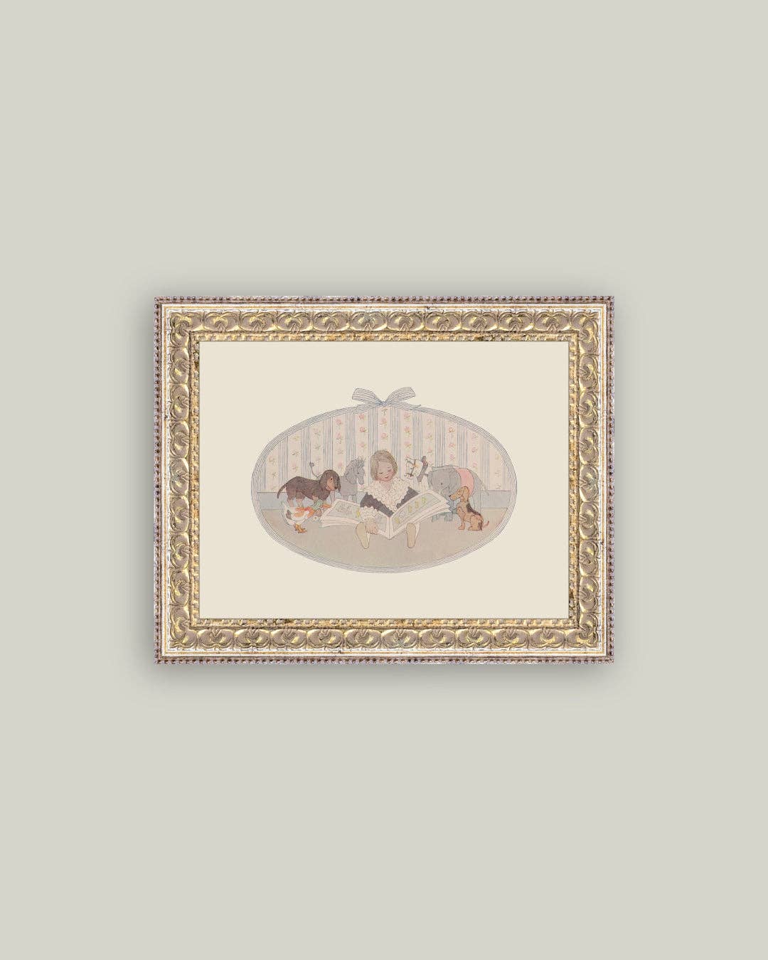 Reproduction d’art L’heure du conte d’après Henriette Willebeek Le Mair, toile encadrée dorée, illustration vintage et poétique format 25×20 cm, Madame Beaumont.