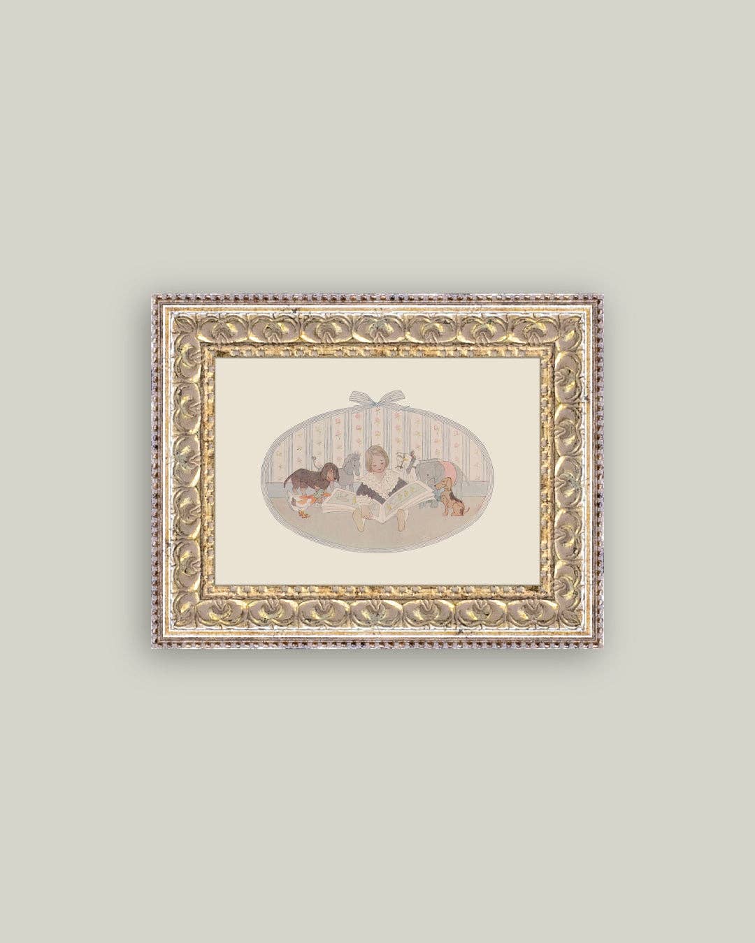 Reproduction d’art L’heure du conte d’après Henriette Willebeek Le Mair, toile encadrée dorée, illustration douce et vintage Madame Beaumont.