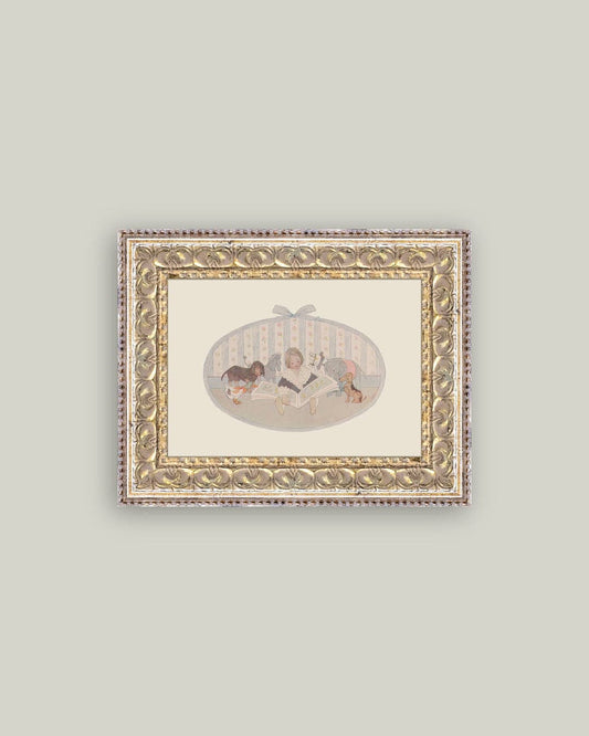 Reproduction d’art L’heure du conte d’après Henriette Willebeek Le Mair, toile encadrée dorée, illustration douce et vintage Madame Beaumont.