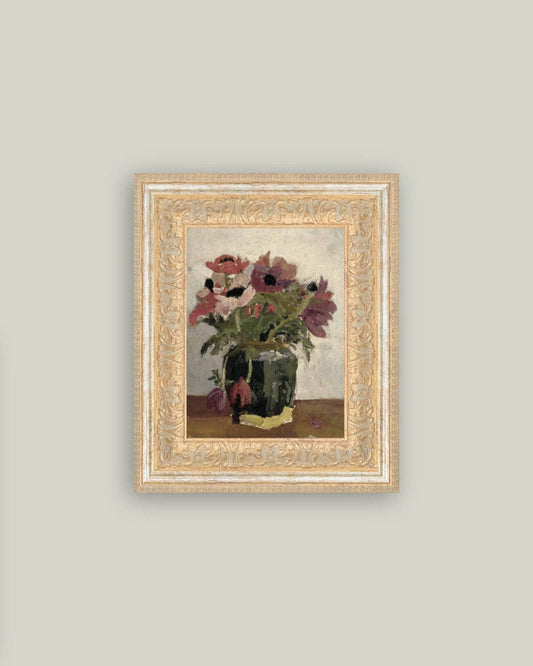 Reproduction d’art Les Anémones, vase vert et fleurs rouges et roses, toile encadrée dorée, nature morte poétique Madame Beaumont.