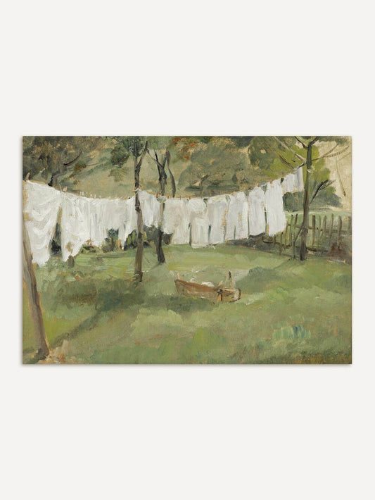 Reproduction d’art Le linge au jardin (1905) de Johann Sperl, scène rurale paisible avec linge blanc suspendu entre les arbres.