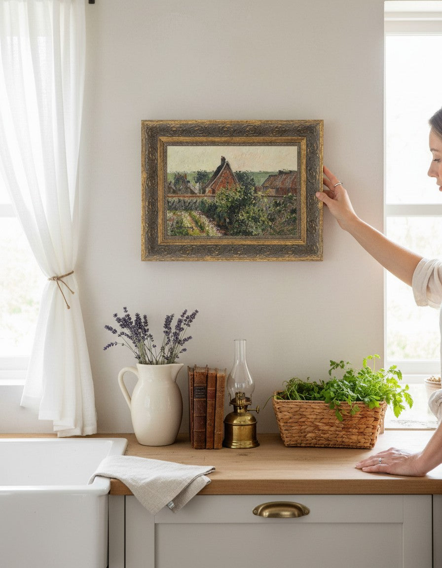 Madame Beaumont framed print of Camille Pissarro's 'Près du jardin' painting, 1899. Ornate gold frame, textured finish.