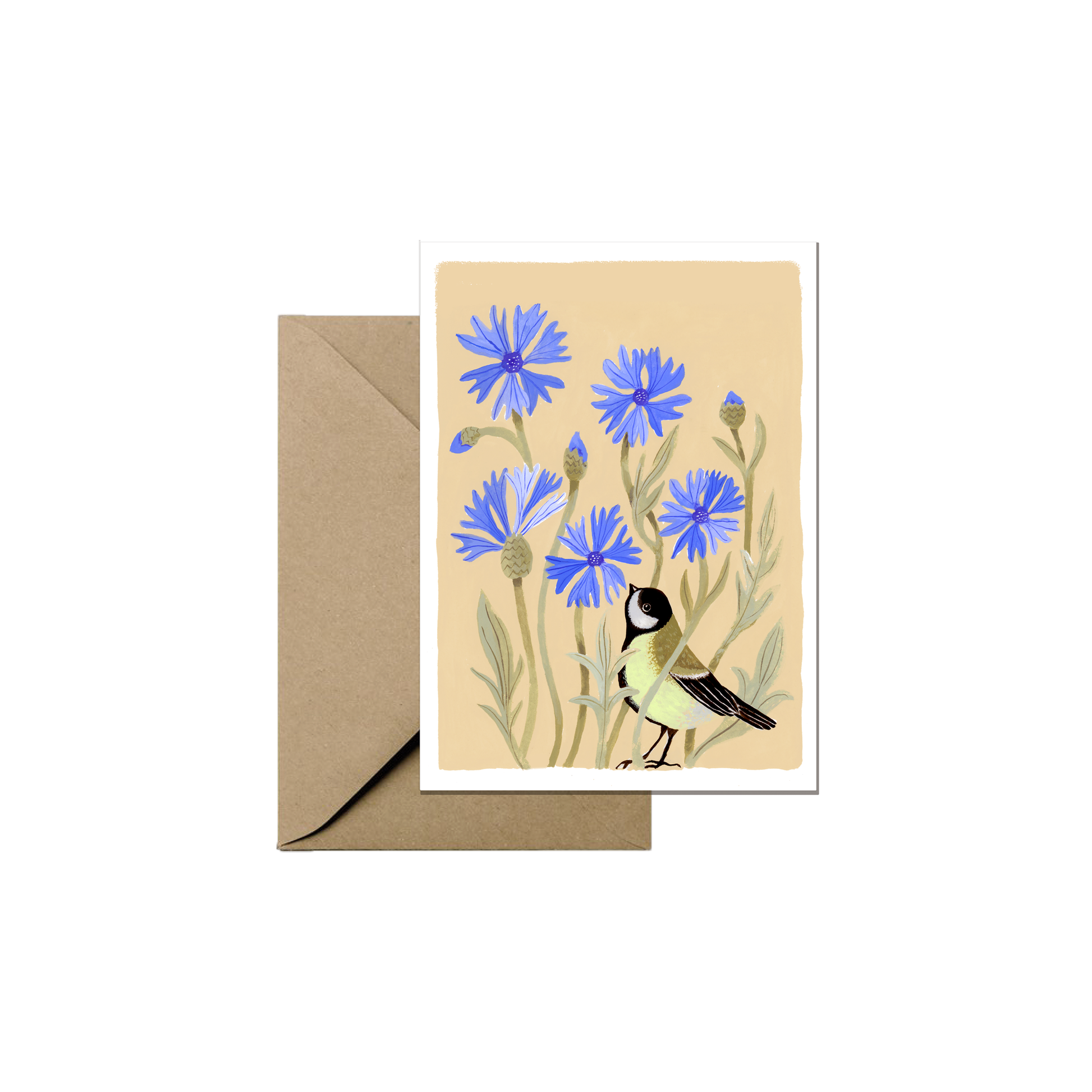 Mini carte de vœux illustrée de bleuets et d'une mésange charbonnière avec enveloppe assortie.