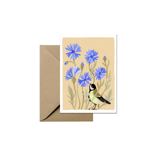 Mini carte de vœux illustrée de bleuets et d'une mésange charbonnière avec enveloppe assortie.