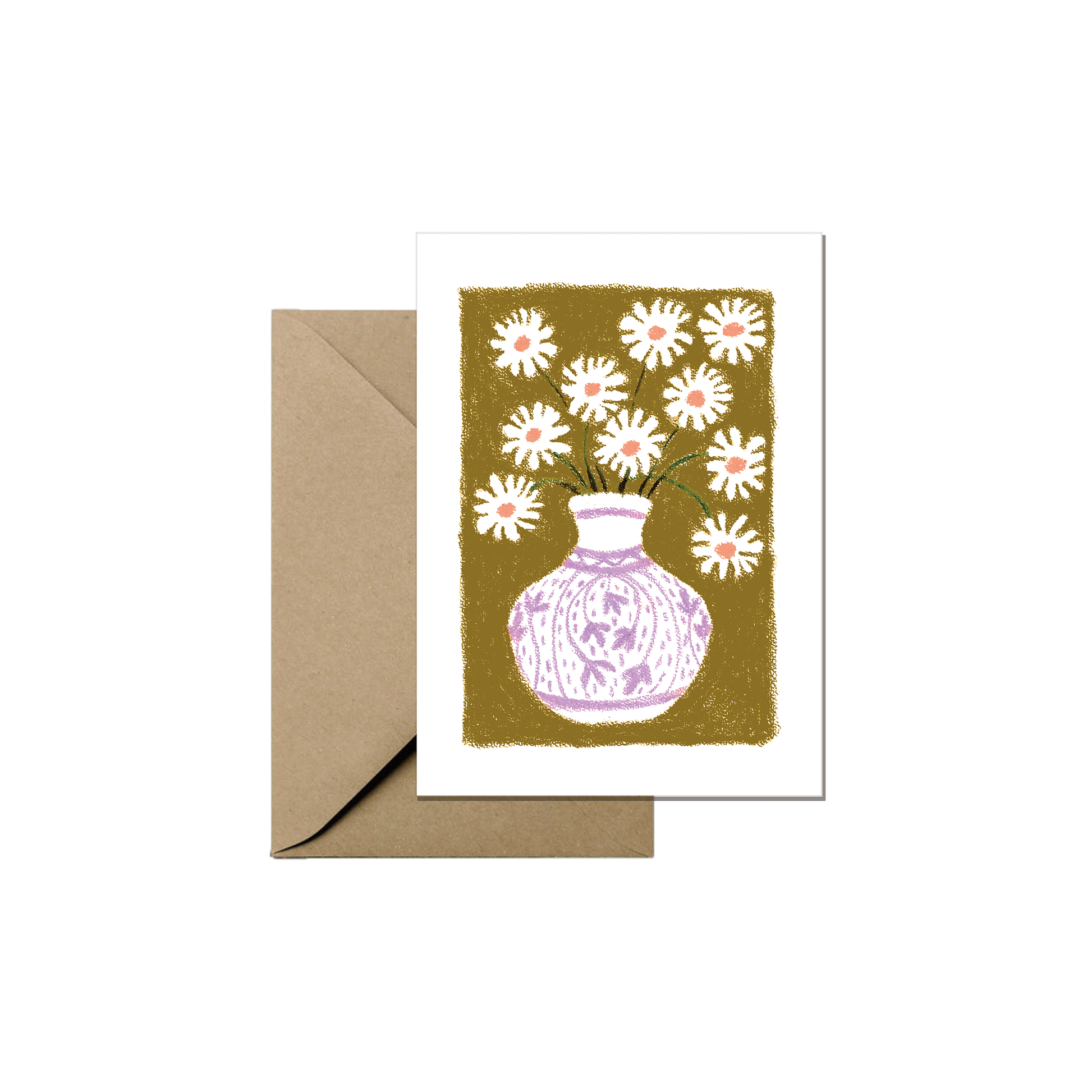 Mini carte de vœux illustrée de marguerites sauvages dans un vase, avec enveloppe recyclée assortie.