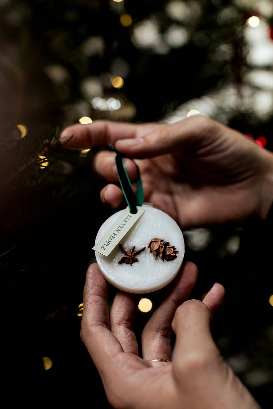 Grande pastille parfumée de Noël en cire de soja, décor botanique et ruban noir.