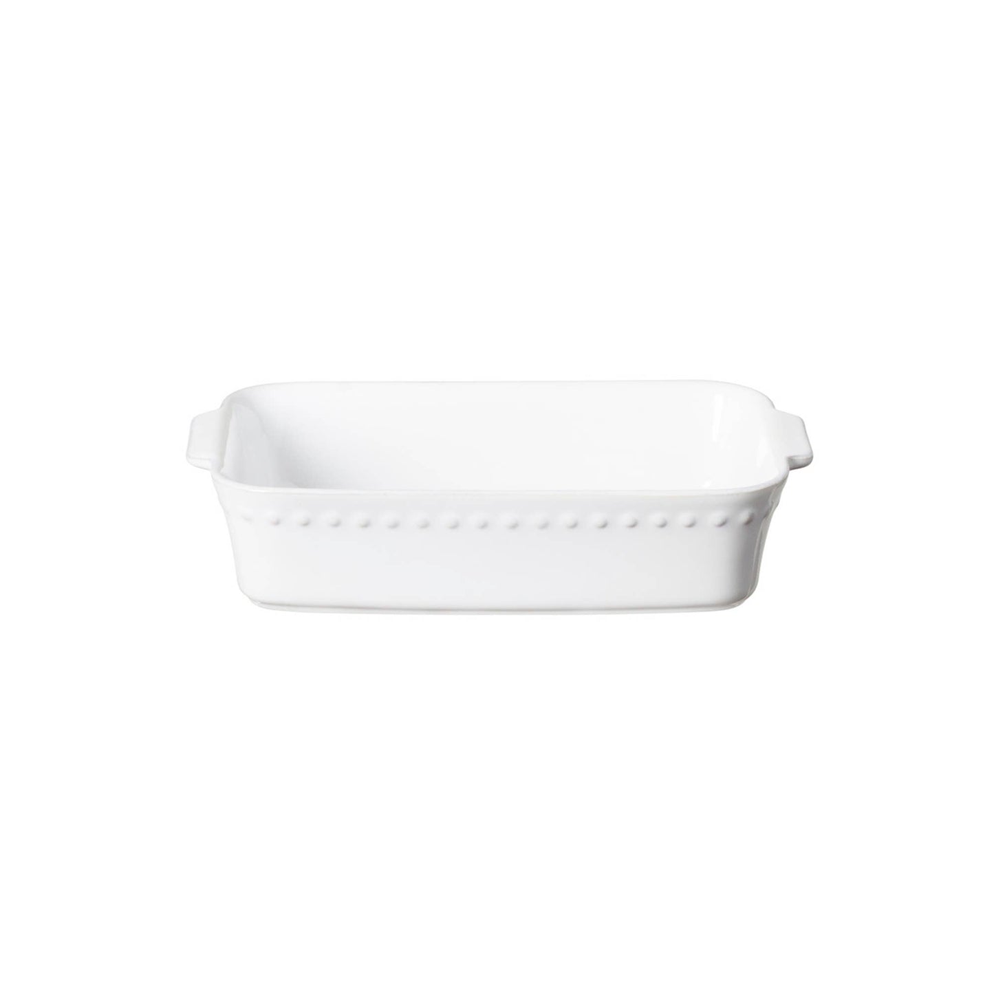 Vue de profil du plat à four Pearl 27 cm, accessoire de cuisson en grès fin blanc naturel