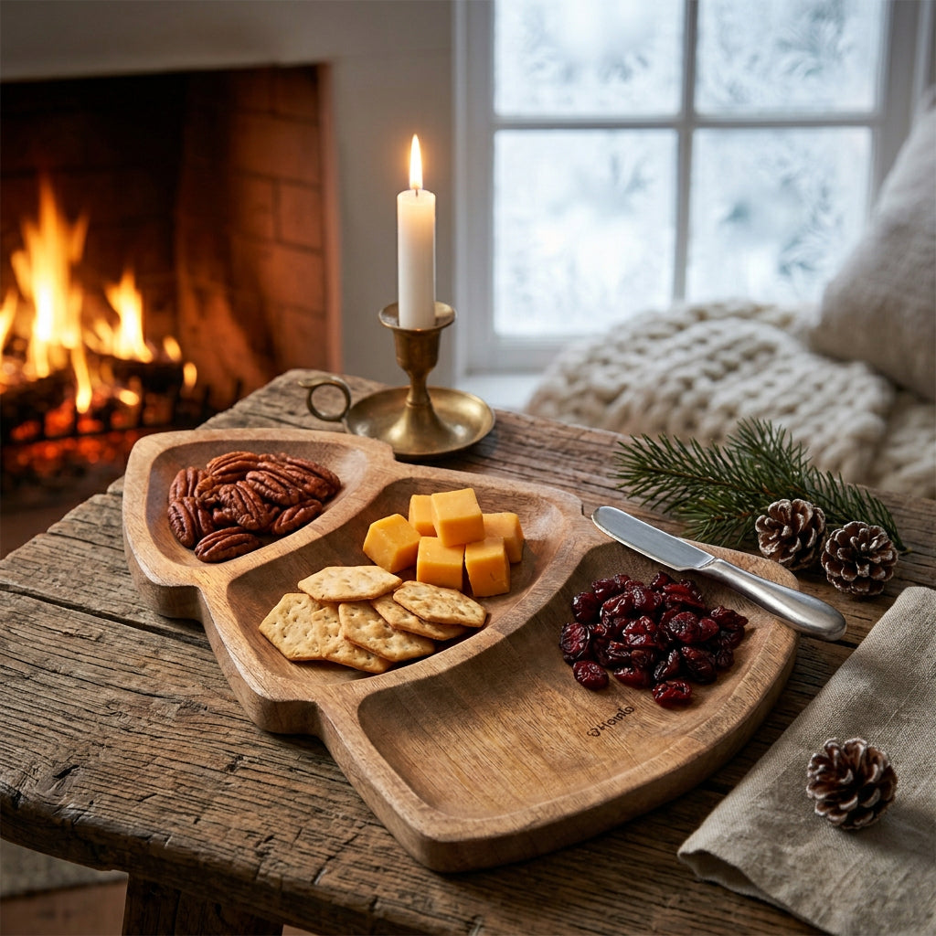 plateau en forme de sapin, en manguier. Posé sur une table basse en bois près d'une fenetre enneigée et une cheminée. Ambiance de noel.