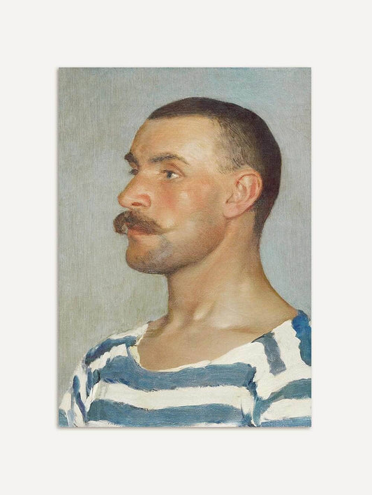 Portrait d’un homme de profil en chemise rayée bleu et blanc, lumière douce, reproduction d’art de 1903.