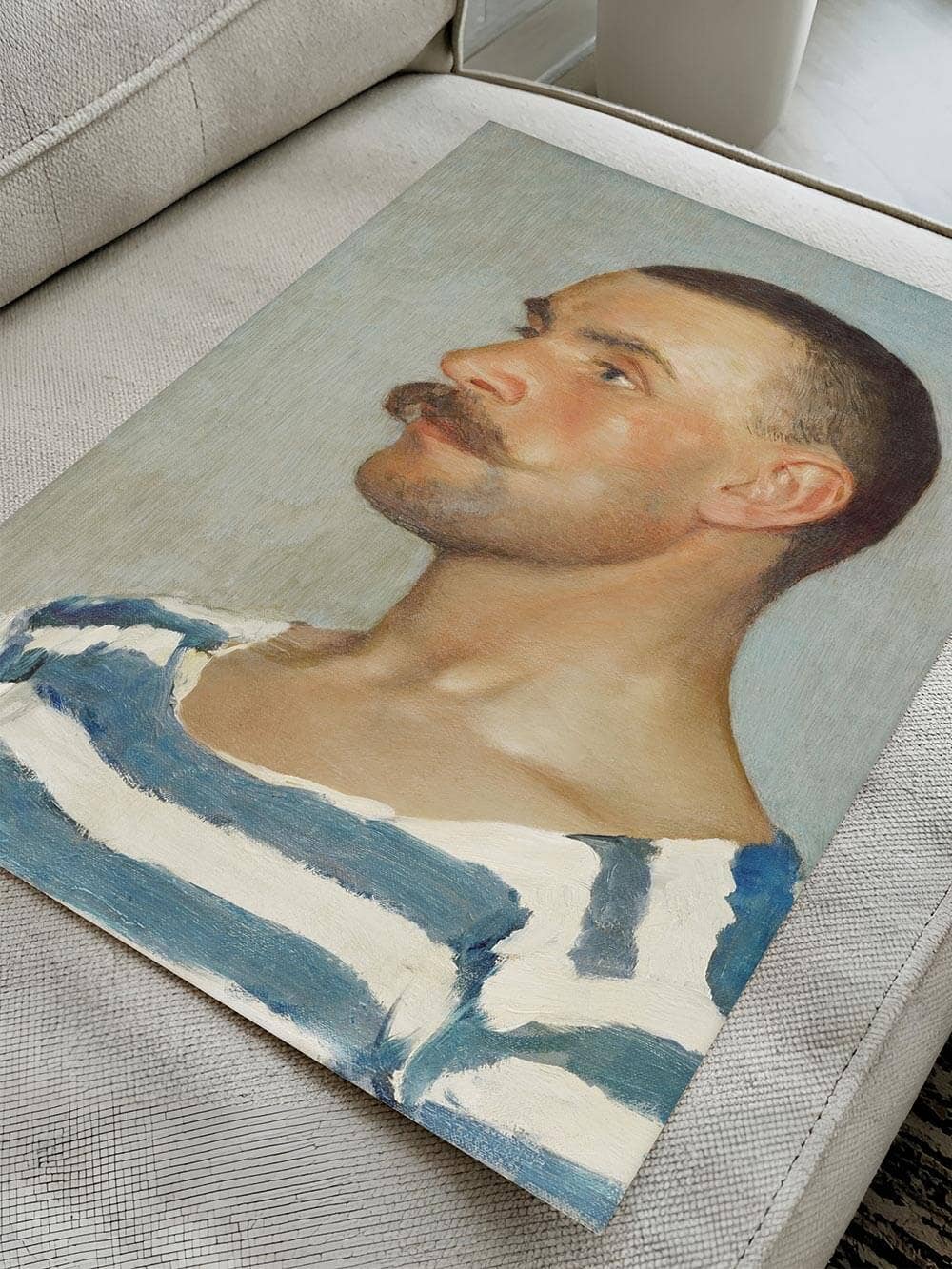 Portrait masculin de profil en chemise rayée bleu et blanc, reproduction d’art Étude de la tête d’un gondolier de Dominik Skutecký (1903).