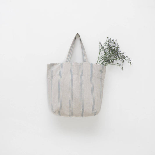 Sac cabas en lin rayé bleu, rayures larges, grand format élégant et décontracté