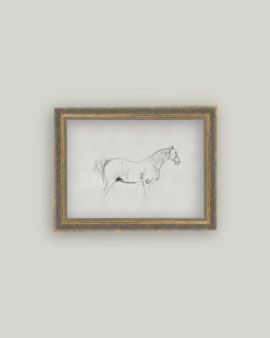 Tableau Croquis de cheval, reproduction sur toile avec cadre Patina Gold orné fait main, sans verre