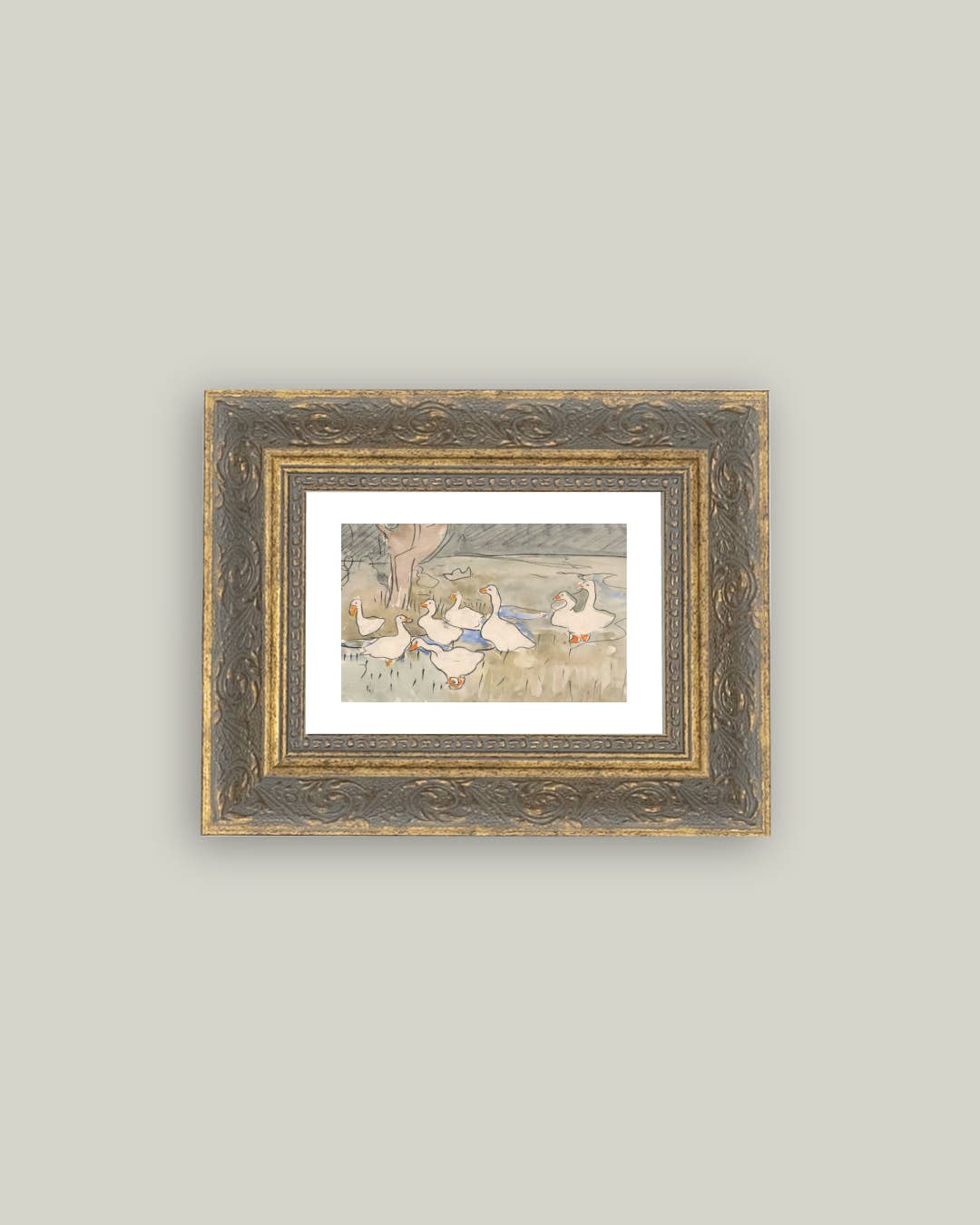 Reproduction d’art Les oies du jardin sur toile encadrée, groupe d’oies blanches au bord de l’eau, format 25,4×20,3 cm, style campagne chic Madame Beaumont