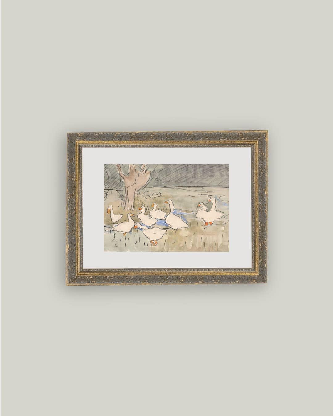 Tableau Les oies du jardin sur toile texturée, oies blanches dans un paysage printanier, cadre doré patiné fait main, format 40,6×30,5 cm.