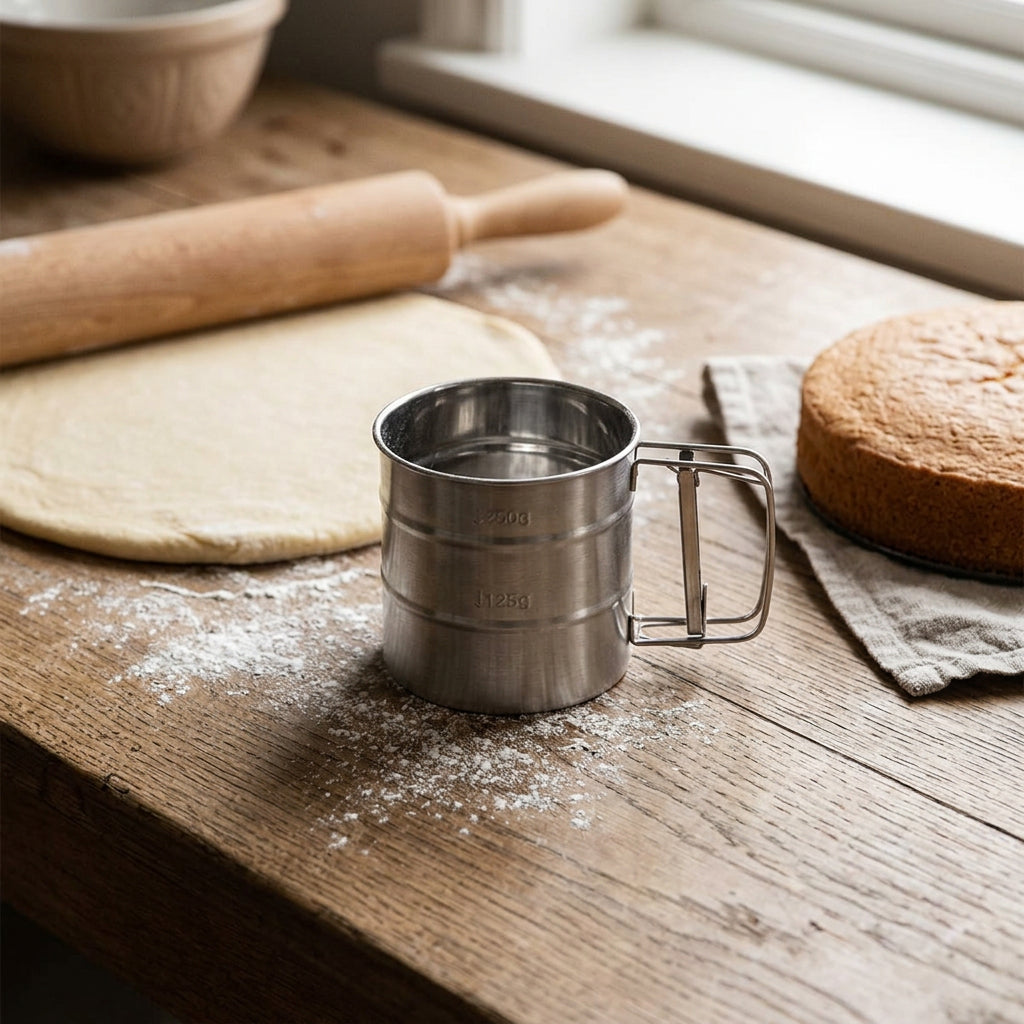 Tamis à farine en acier inoxydable avec poignée mécanique et graduations, pour pâtisserie et cuisine maison.