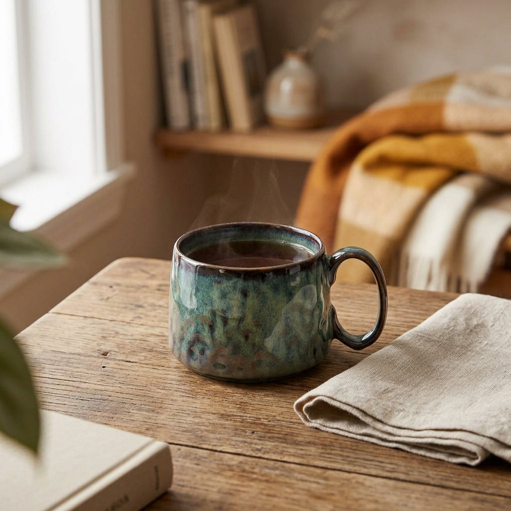 Tasse en grès émaillé vert profond  posée sur une table en bois, forme basse et arrondie, contenance 45 cl.