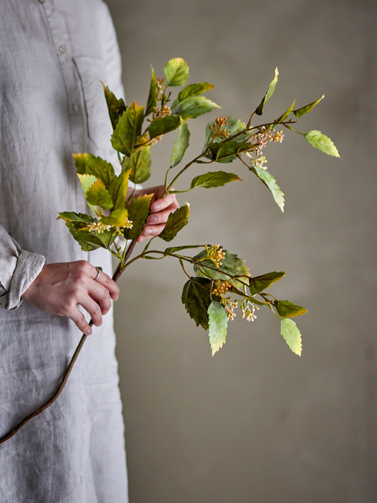 Tige d'eucalyptus artificielle Bloomingville tenue à la main avec feuilles vertes dentelées et boutons délicats.