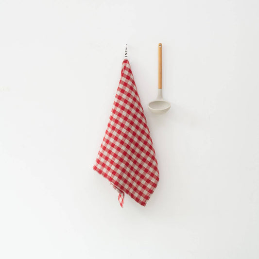 Torchon de cuisine en lin lavé à carreaux rouges, absorbant, décoratif et fabriqué en Europe