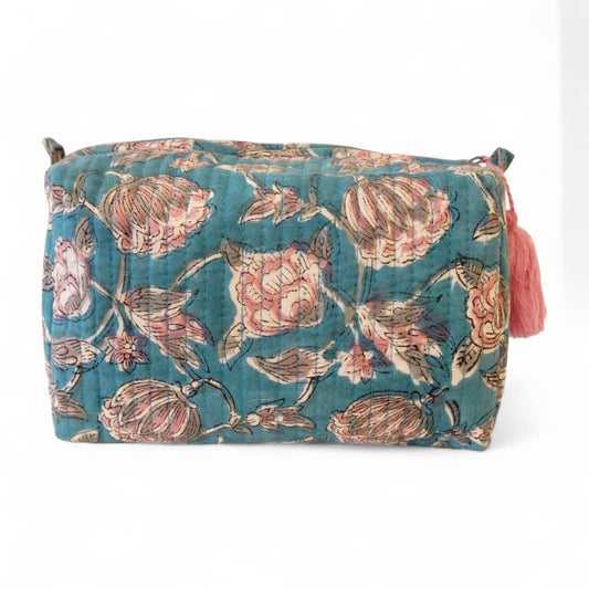 Trousse de toilette en coton block print avec intérieur laminé et poches